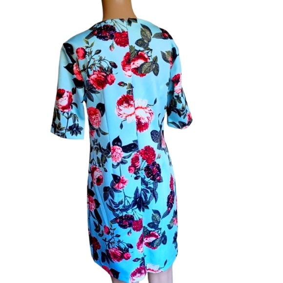 👗📏CeCe Woman's Blue Floral Sheath Dress Boat Neckline Knee Length Size Small - Picture 3 of 10